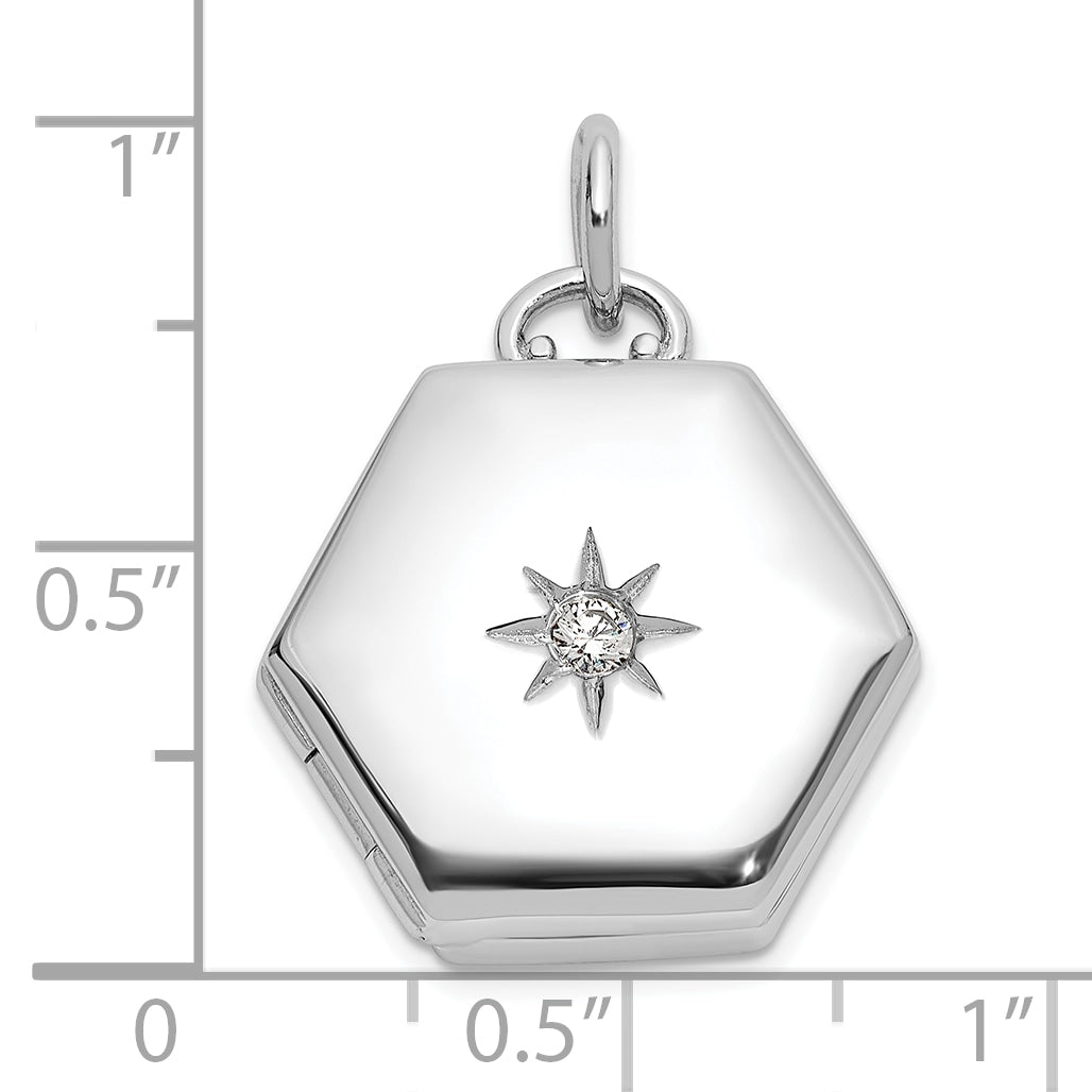 Sterling Silver Rhodium-plated Polished CZ Star 16mm Hexagon Locket