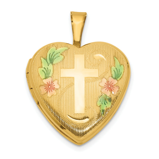 1/20 Gold Filled Polished and Epoxy 16mm Floral Cross Heart Locket