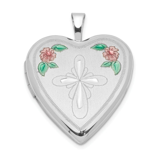 Sterling Silver Rhodium-plated 20mm Enameled Flower and Cross Heart Locket