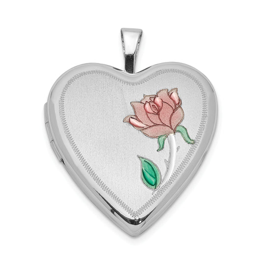 Sterling Silver Rhodium-plated Satin 20mm Enameled Rose Heart Locket