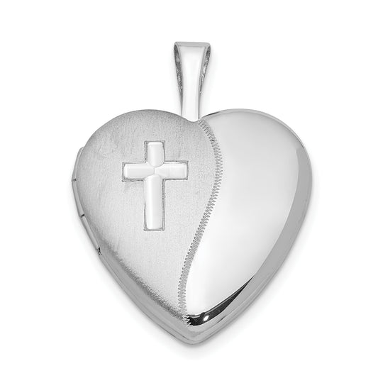 Sterling Silver Rhodium-plated 16mm Polished and Satin Cross Heart Locket