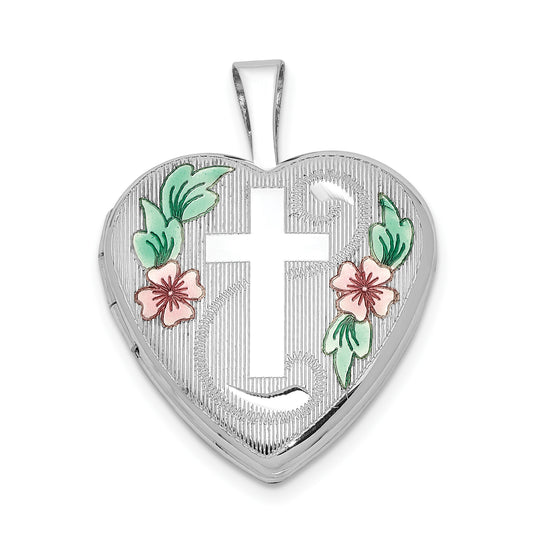 Sterling Silver RH-plated 16mm D/C and Enameled Cross and Flowers Heart Locket