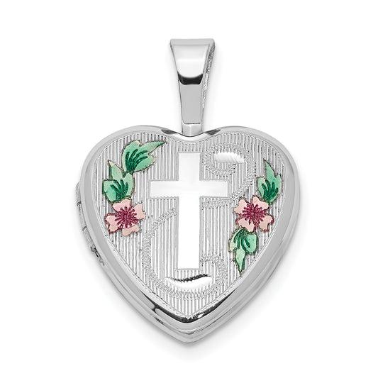 Sterling Silver Rhodium-plated Cross with Enamel Flowers 12mm Heart Locket