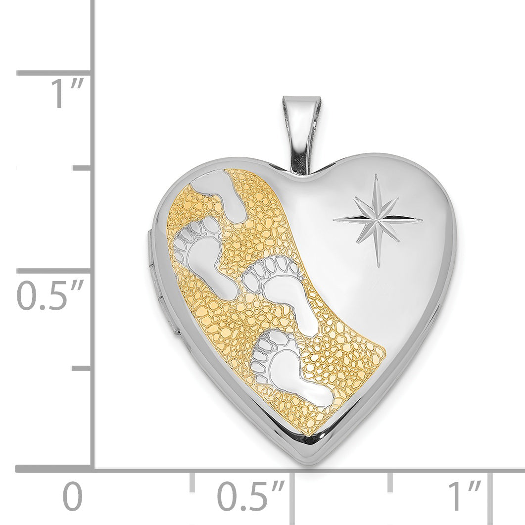 Sterling Silver Rhodium and Gold-plated Footprints 20mm Heart Locket