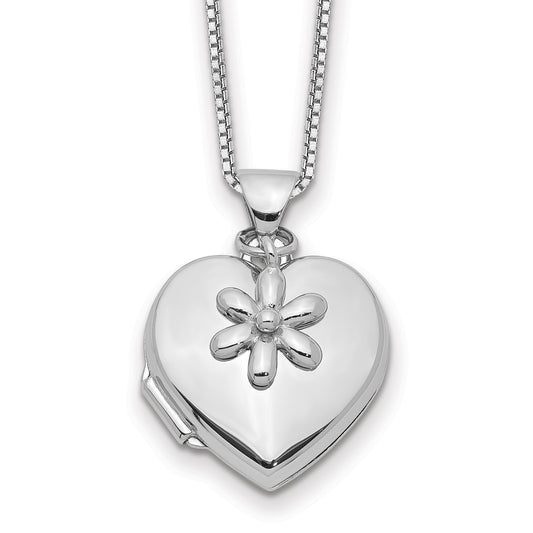 Sterling Silver 15mm Heart with Flower Dangle Locket Necklace