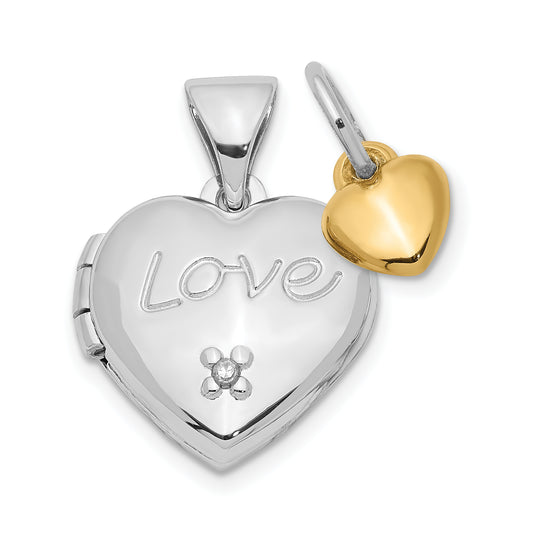 Sterling Silver Rhodium-plated with Gold-plated Dia with Charm Heart Locket