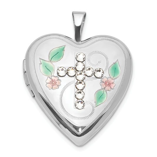 Sterling Silver Green and Pink Enameled Swarovski Crystal Cross Heart Locket