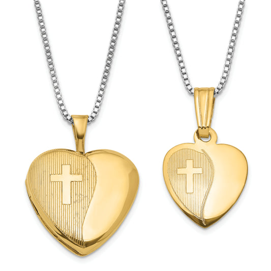 Sterling Silver Gold-plated Textured Cross Heart 16mm 18in Locket and 14in Pendant Necklace Set