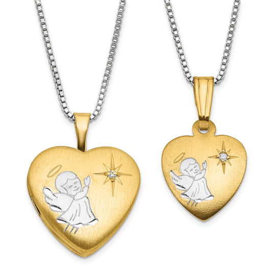 Sterling Silver Gold-plated Diamond Angel Heart 16mm 18in Locket and 14in Pendant Necklace Set