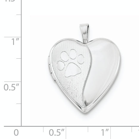 Sterling Silver Rhodium-plated Satin and Polished Paw Prints Heart Locket
