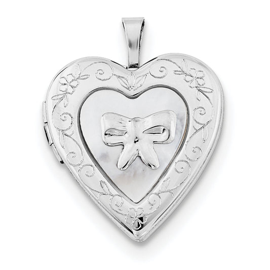 Sterling Silver Rhodium-plated 20mm Mother Of Pearl Bow Heart Locket