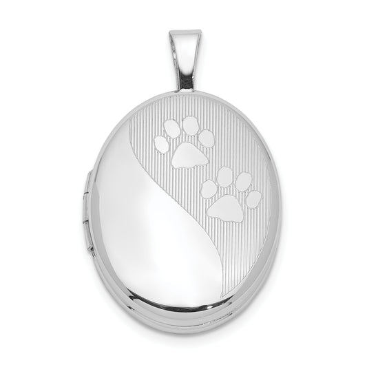 Sterling Silver Rhodium-plated Satin and Polished Paw Prints 19mm Oval Locket