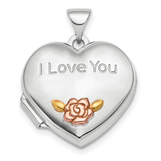 Sterling Silver Rhod-plate Rose and Gold-tone Flower I Love You Heart Locket