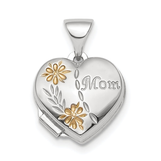 Sterling Silver Rhodium-plated and Gold-tone Floral Mom Heart Locket