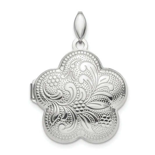 Sterling Silver Rhodium-plated Polished 21mm Domed Swirl Flower Locket