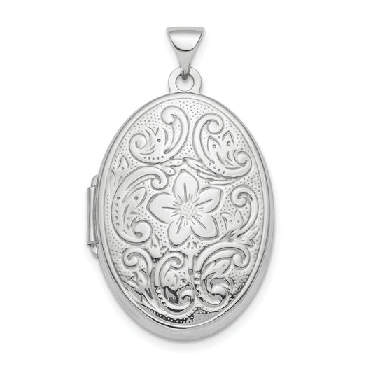 Sterling Silver Rhod-plated Floral Swirl Reversible 26mm Oval Locket