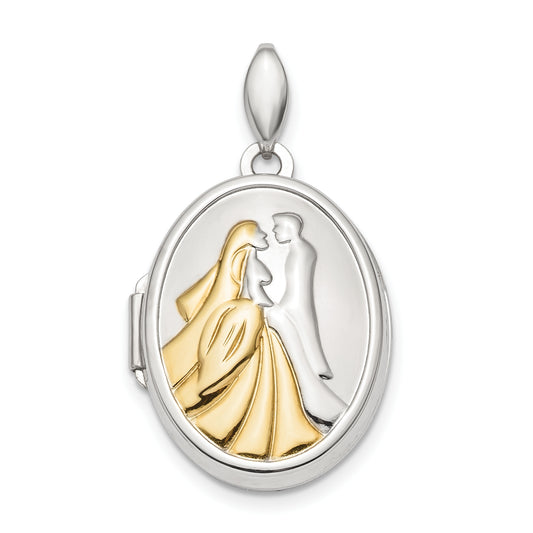 Sterling Silver Rhodium-plated and Gold-tone Bride and Groom Oval Locket