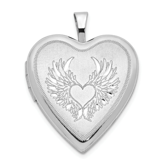 Sterling Silver Rhod-pltd 21mm Satin/Polished Heart with Wings Heart Locket