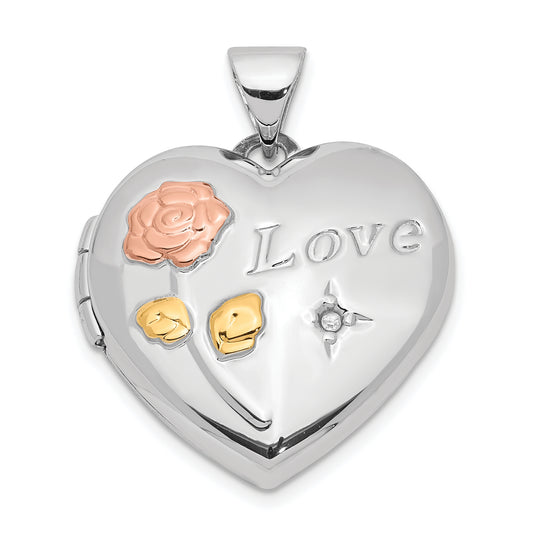 Sterling Silver Rose and Yellow Rhodium Diamond Love 19mm Heart Locket