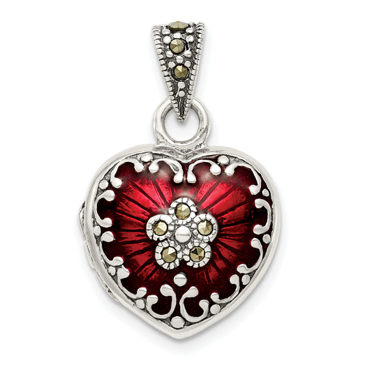 Sterling Silver Red Enamel and Marcasite Heart Locket