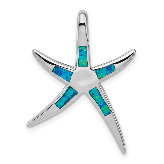 Sterling Silver Rhodium-plated Created Blue Opal Inlay Flat Starfish Slide