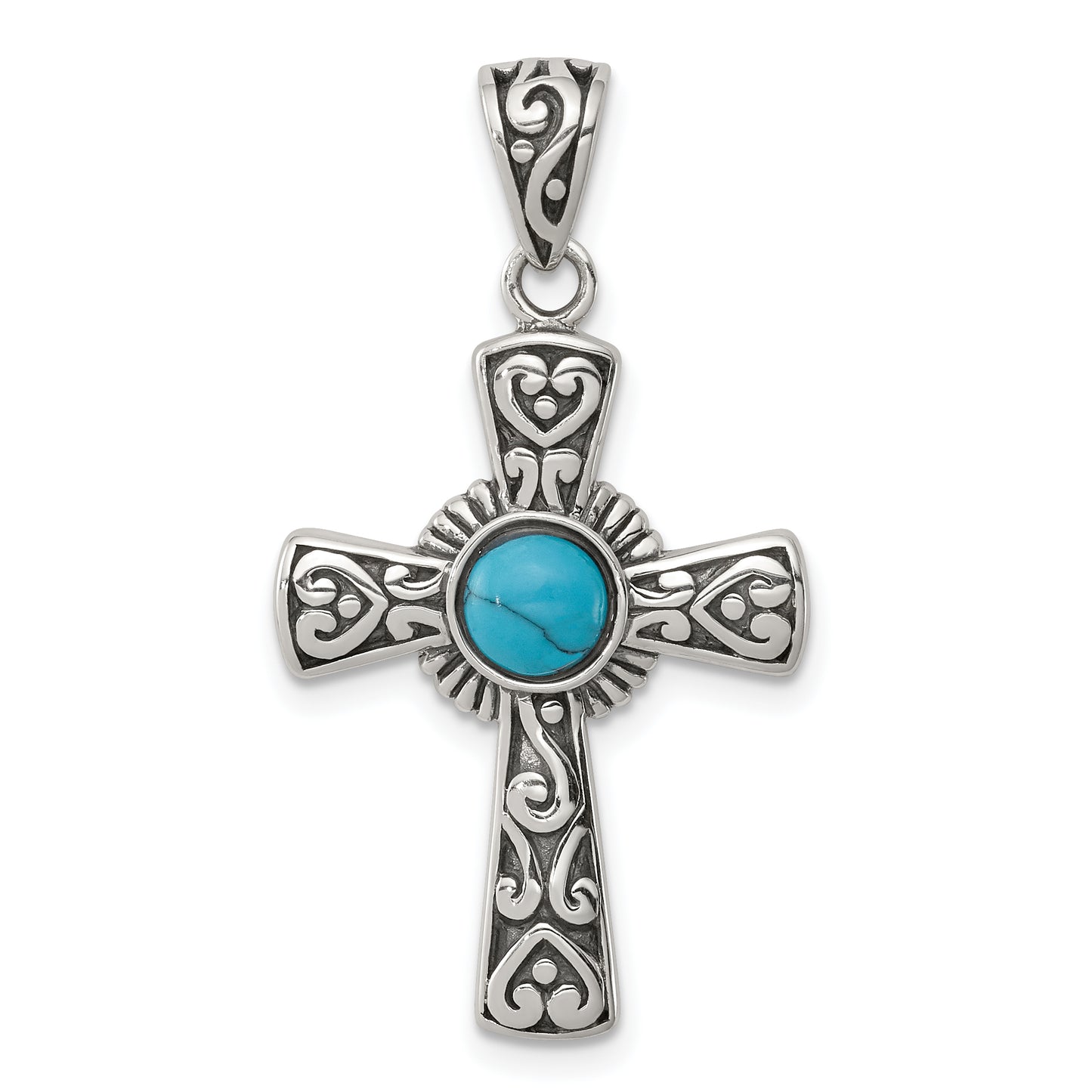 Sterling Silver Antiqued Recon Turquoise Cross Pendant