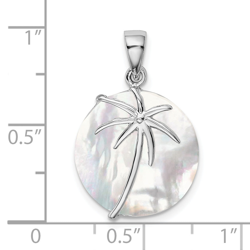Sterling Silver Rhodium-plated MOP Palm Tree Round Pendant