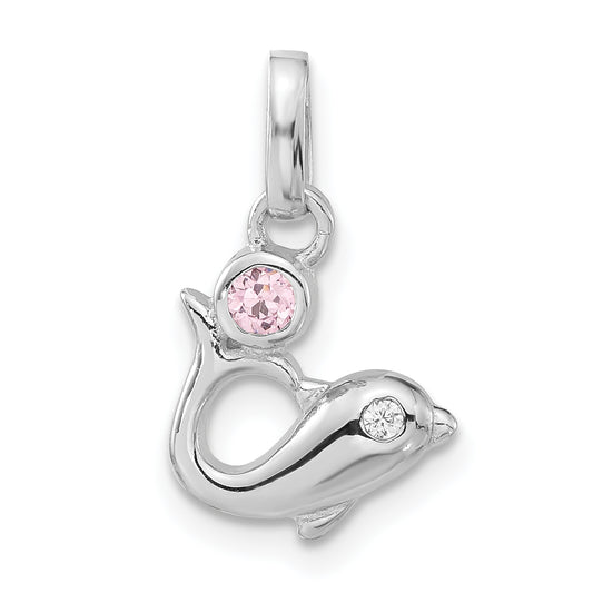 Sterling Silver Polished Pink and Clear CZ Dolphin Pendant