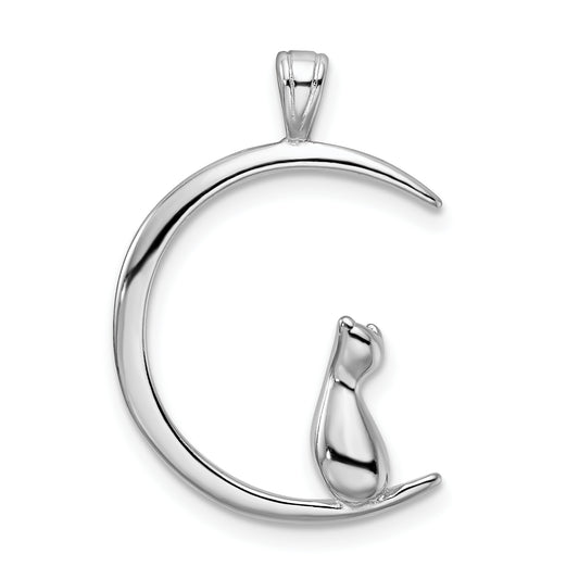 Sterling Silver Rhodium-plated Cat On Moon Pendant
