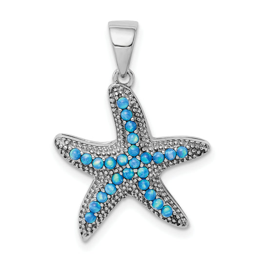 Sterling Silver Rhodium-plated Created Opal Textured Star Fish Pendant