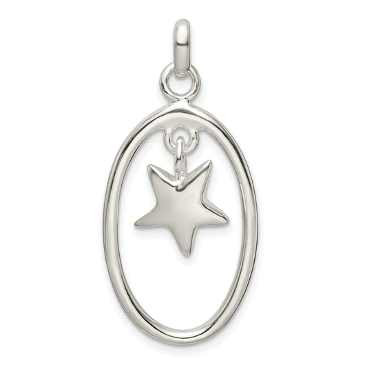 Sterling Silver Polished Oval Dangle Star Pendant