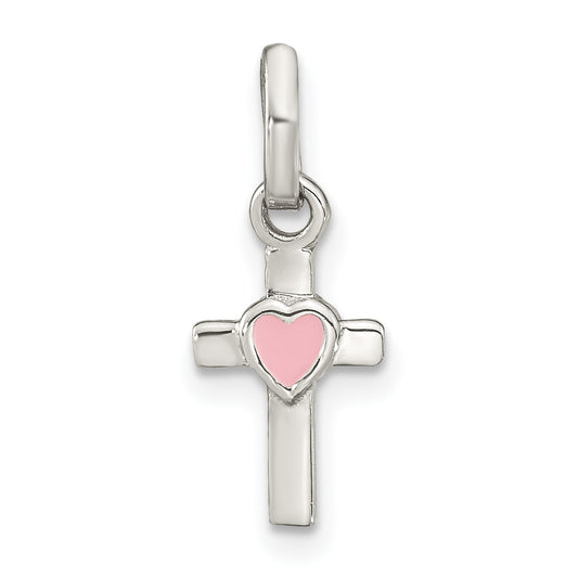 Sterling Silver Cross Pink Enamel Heart Pendant