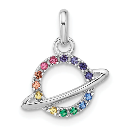 Sterling Silver Rh-plated Rainbow Glass Crystal Planet Children's Pendant