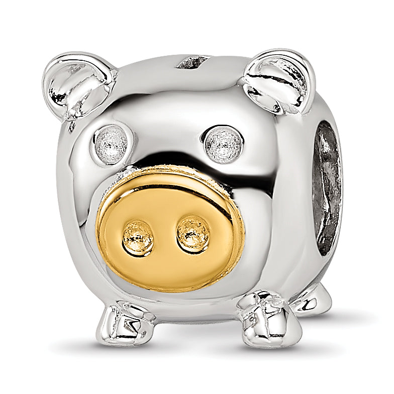 Sterling Silver Reflections Rhodium-plated Gold-plated Nose Pig Bead