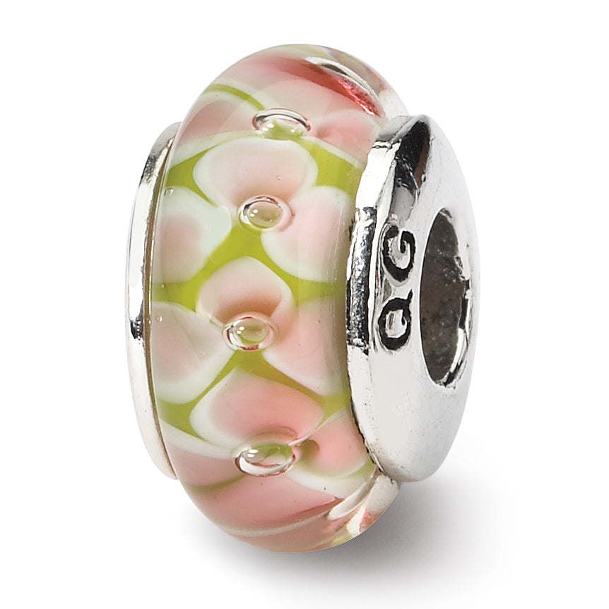 Sterling Silver Reflections Pink Floral Hand-blown Glass Bead