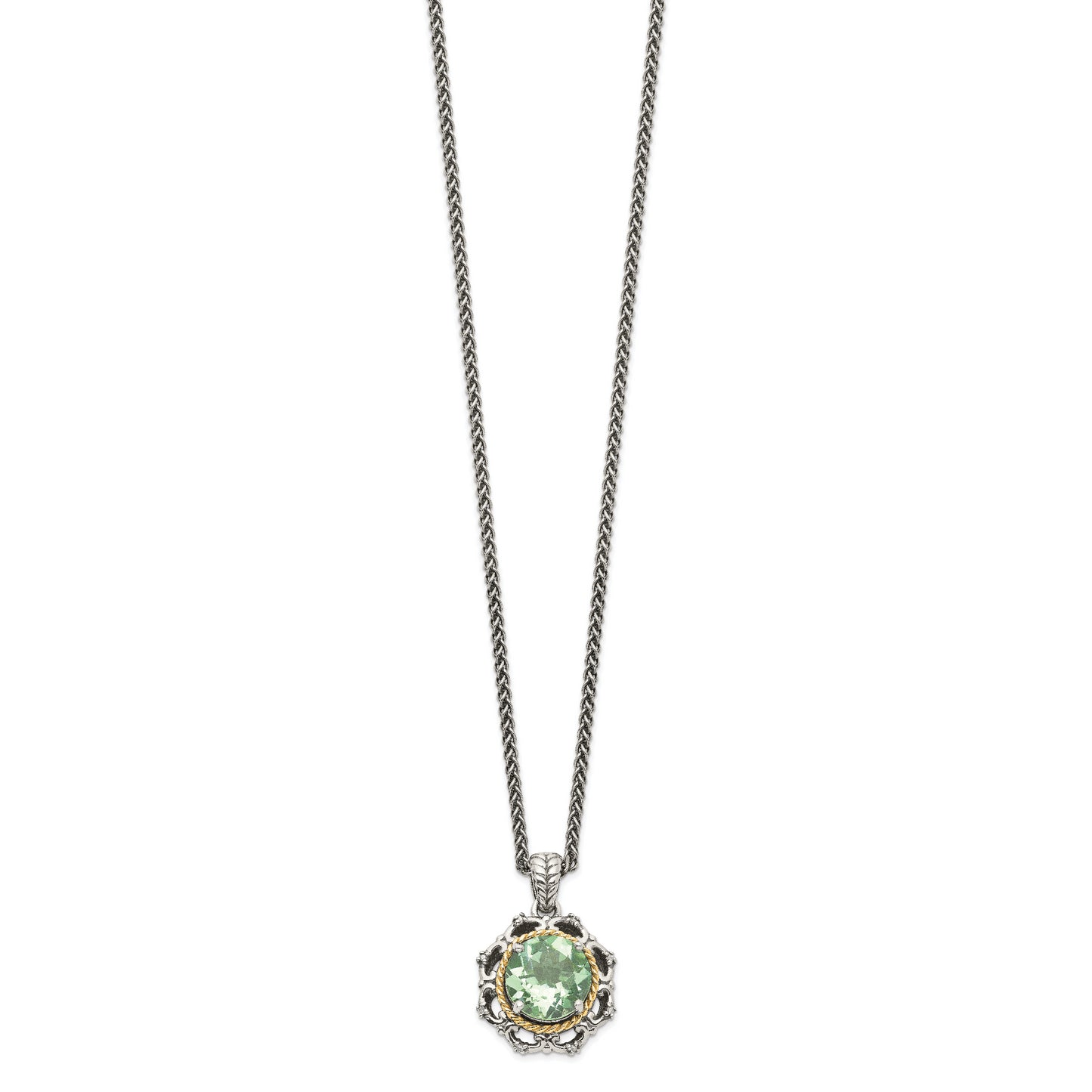 Shey Couture Sterling Silver with 14K Accent 18 Inch Antiqued Round Green Quartz and Diamond Necklace