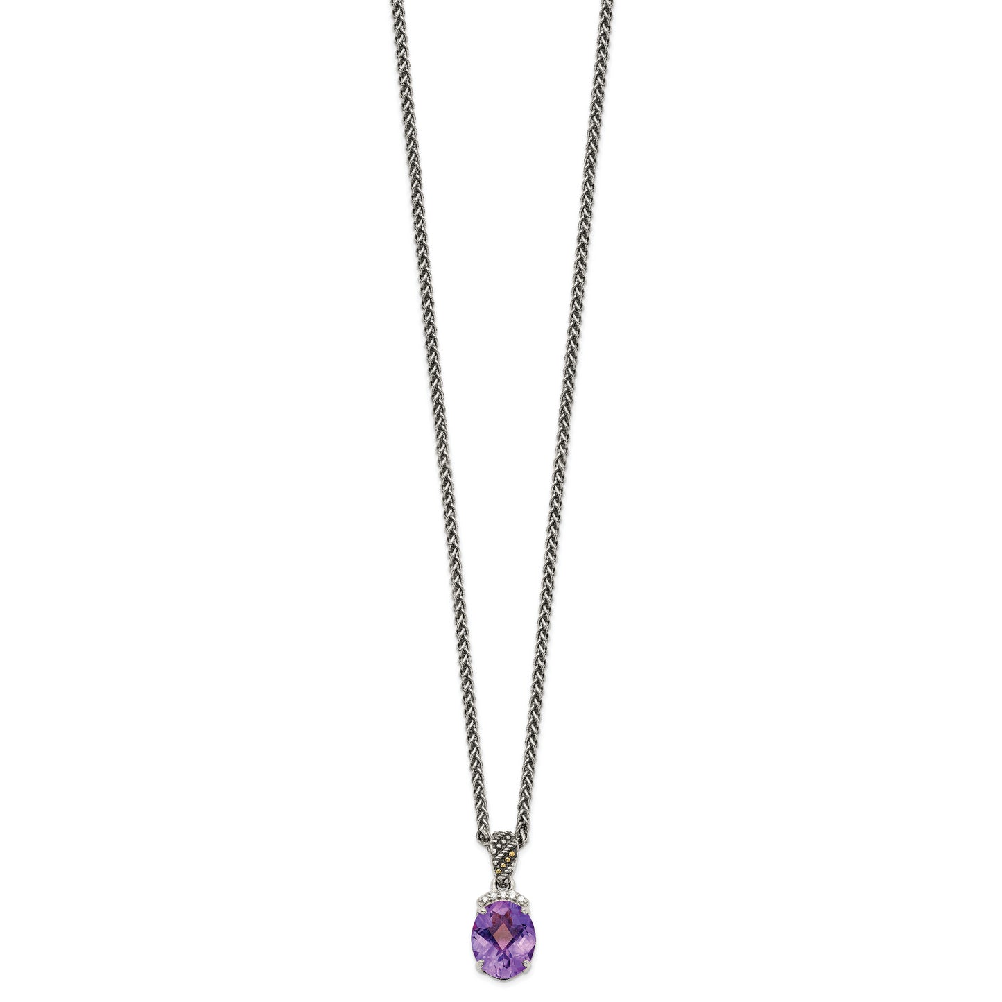 Shey Couture Sterling Silver with 14K Accent 18 Inch Antiqued Checkerboard-cut Oval Amethyst and Diamond Necklace