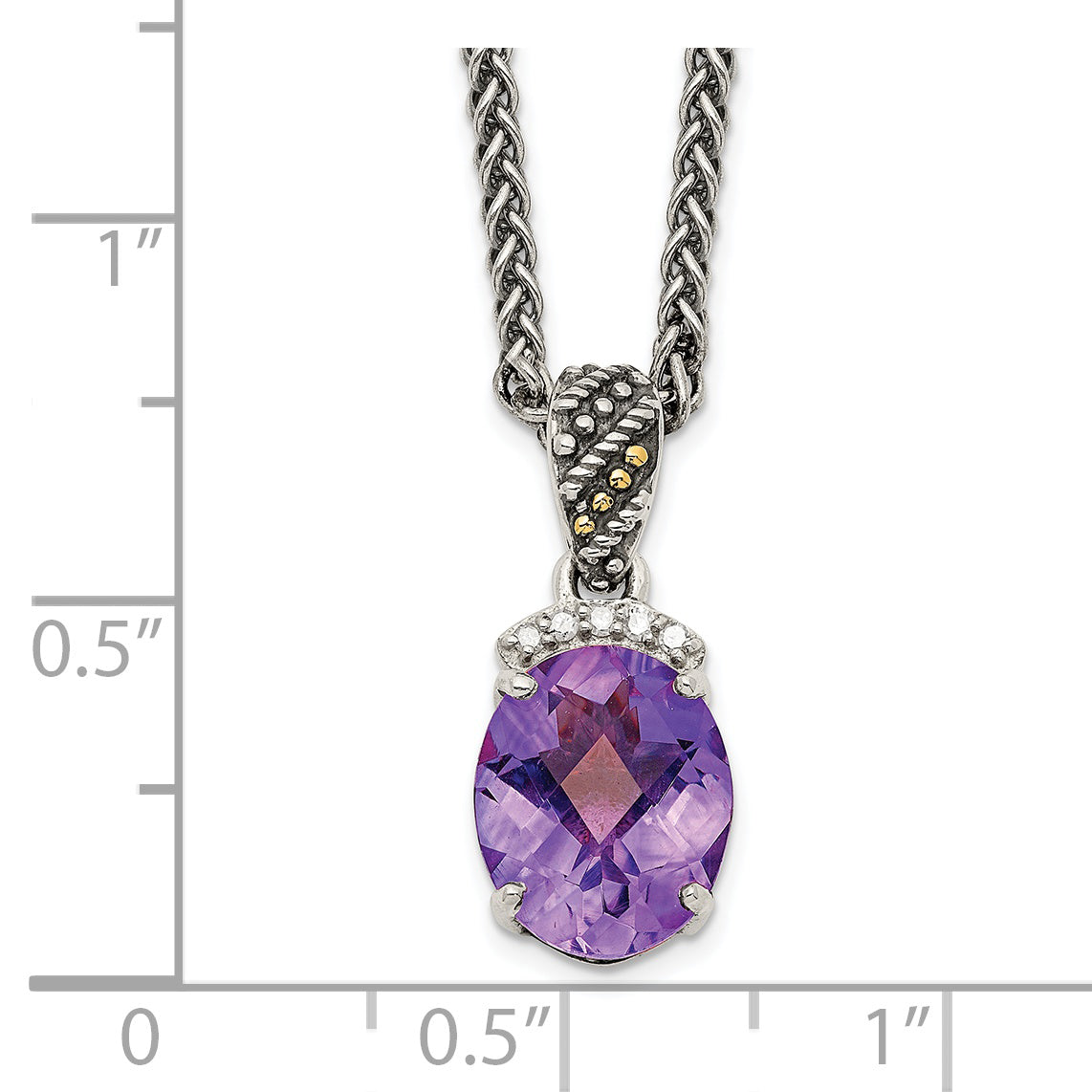 Shey Couture Sterling Silver with 14K Accent 18 Inch Antiqued Checkerboard-cut Oval Amethyst and Diamond Necklace