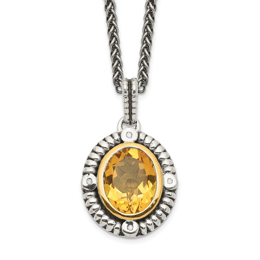 Shey Couture Sterling Silver with 14K Accent 18 Inch Antiqued Oval Bezel Citrine and Diamond Necklace