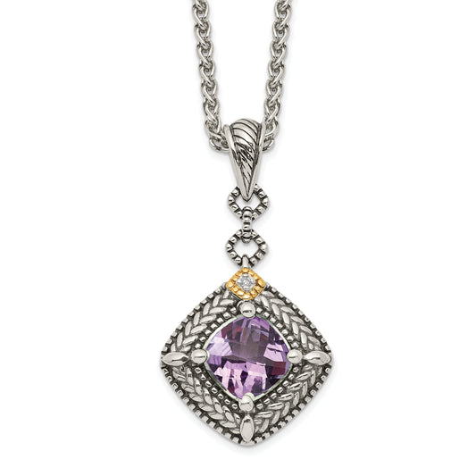 Shey Couture Sterling Silver with 14K Accent 18 Inch Antiqued Cushion Amethyst and Diamond Necklace
