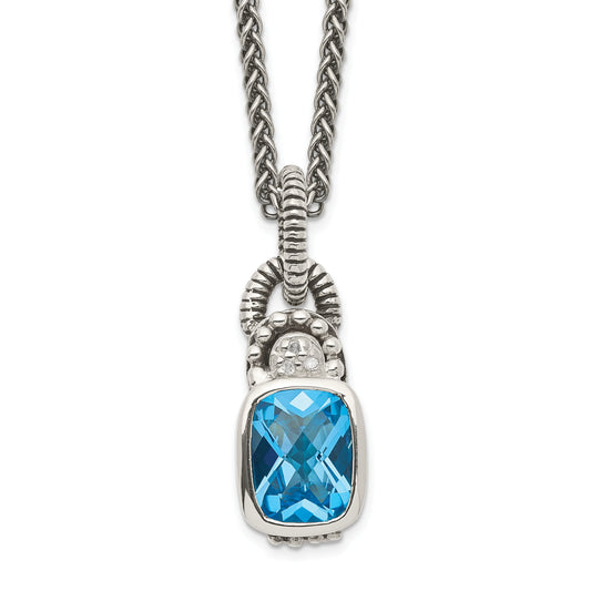 Shey Couture Sterling Silver 18 Inch Antiqued Cushion Bezel Sky Blue Topaz and Diamond Necklace