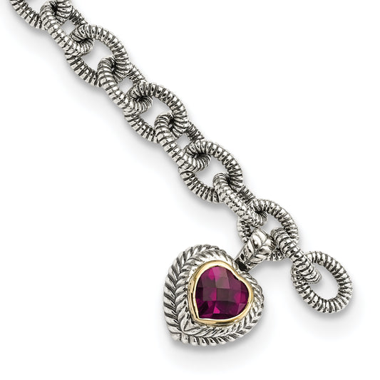 Shey Couture Sterling Silver with 14K Accent 7.5 Inch Antiqued Heart Bezel Rhodolite Garnet Bracelet
