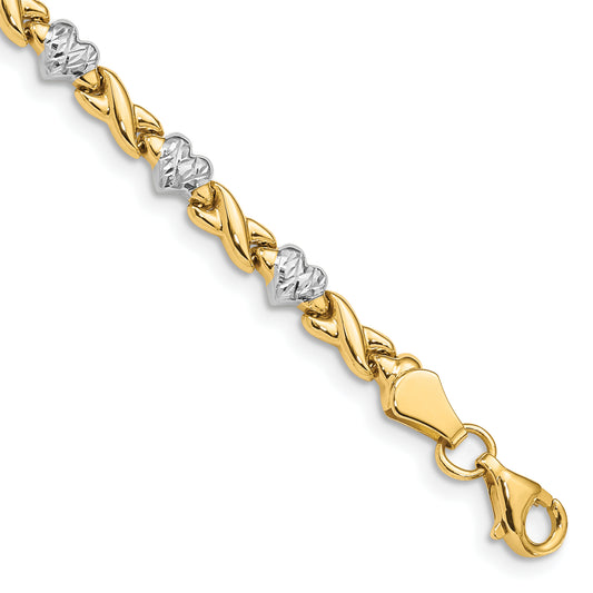14k with Rhodium Polished Heart and X Bracelet