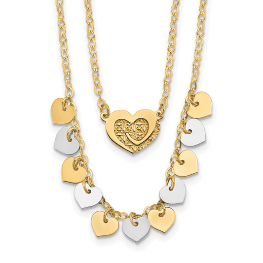 14K Two-tone Polished Double Strand with Hearts Necklace