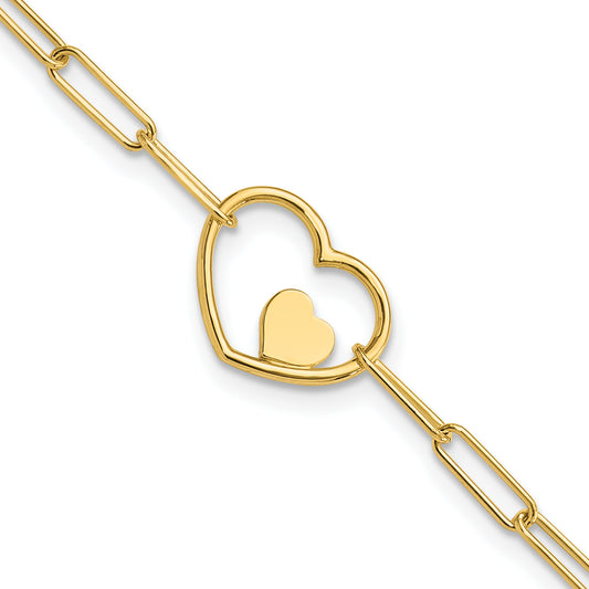 14K Paperclip Link Heart 7.25in Bracelet