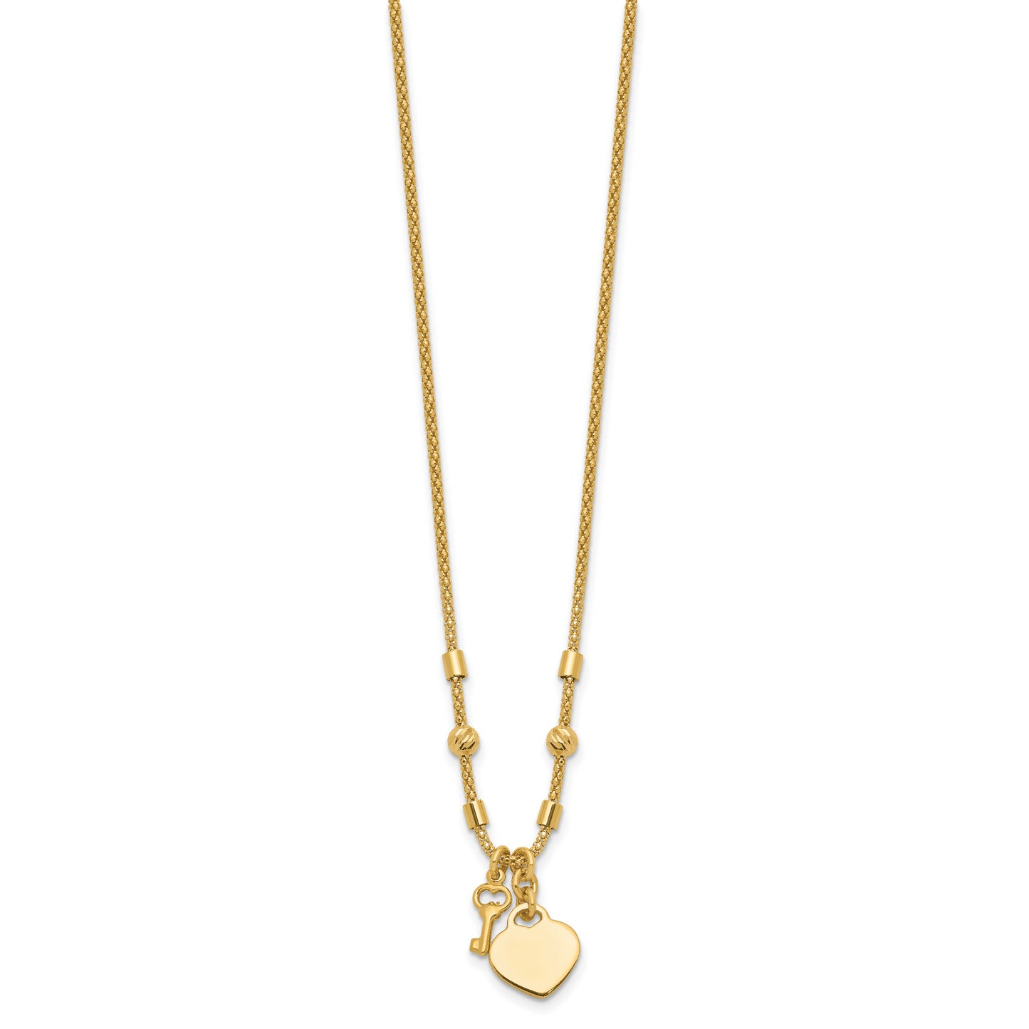 14K Polished and Diamond-cut Lock and Heart Charm Necklace