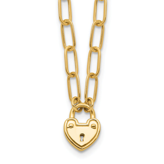 14K Polished Heart Lock Charm Paperclip Link Necklace