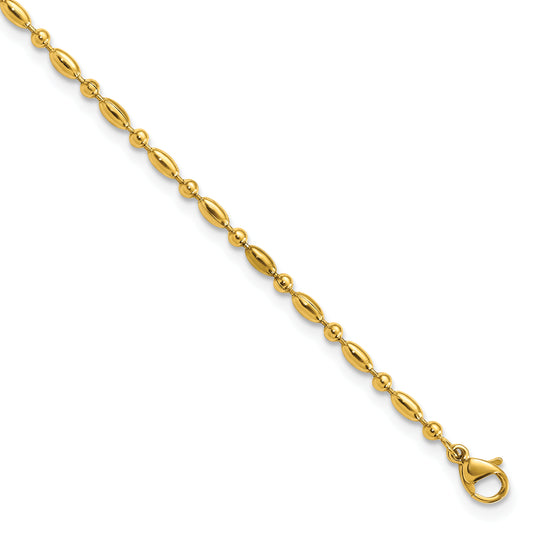Chisel Stainless Steel Polished Yellow IP-plated Fancy Beaded 9.5 inch Anklet Plus 1 inch Extension