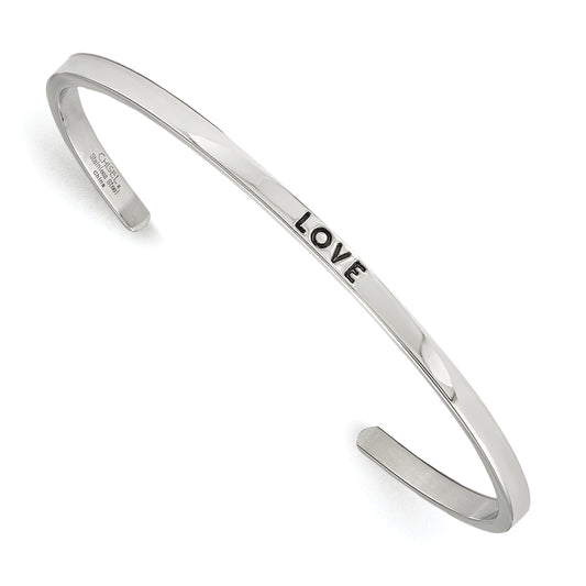 Chisel Stainless Steel Polished and Enameled with Crystal LOVE 3mm Cuff Bangle