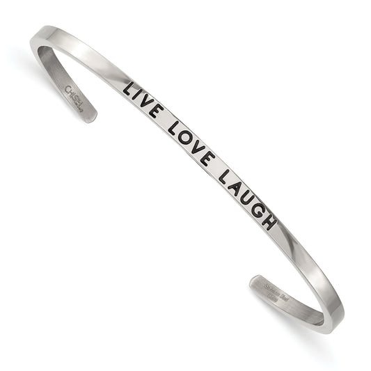 Chisel Stainless Steel Polished and Enameled with Crystal LIVE LOVE LAUGH 3mm Cuff Bangle